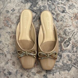 Salvatore Ferragamo Tan and Gold Mules